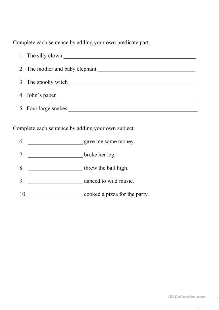 Subjects and Predicates Worksheet Identifying Subject and Predicate Worksheet English Esl