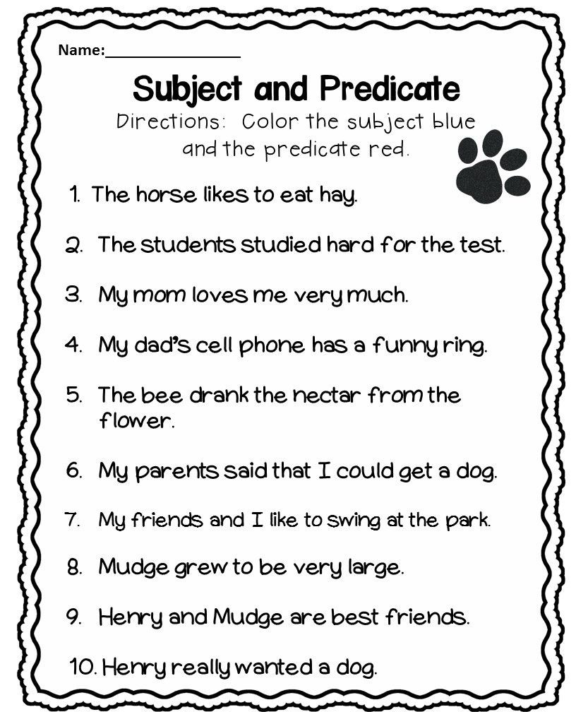 Subjects and Predicates Worksheet Subject and Predicate 1st Grade