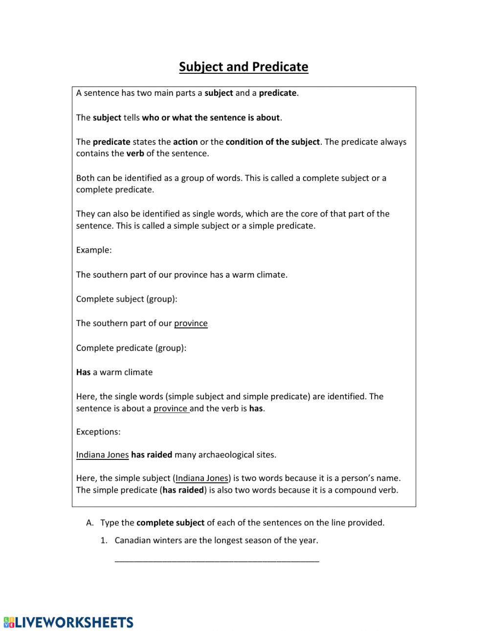 Subjects and Predicates Worksheet Subject and Predicate Worksheet