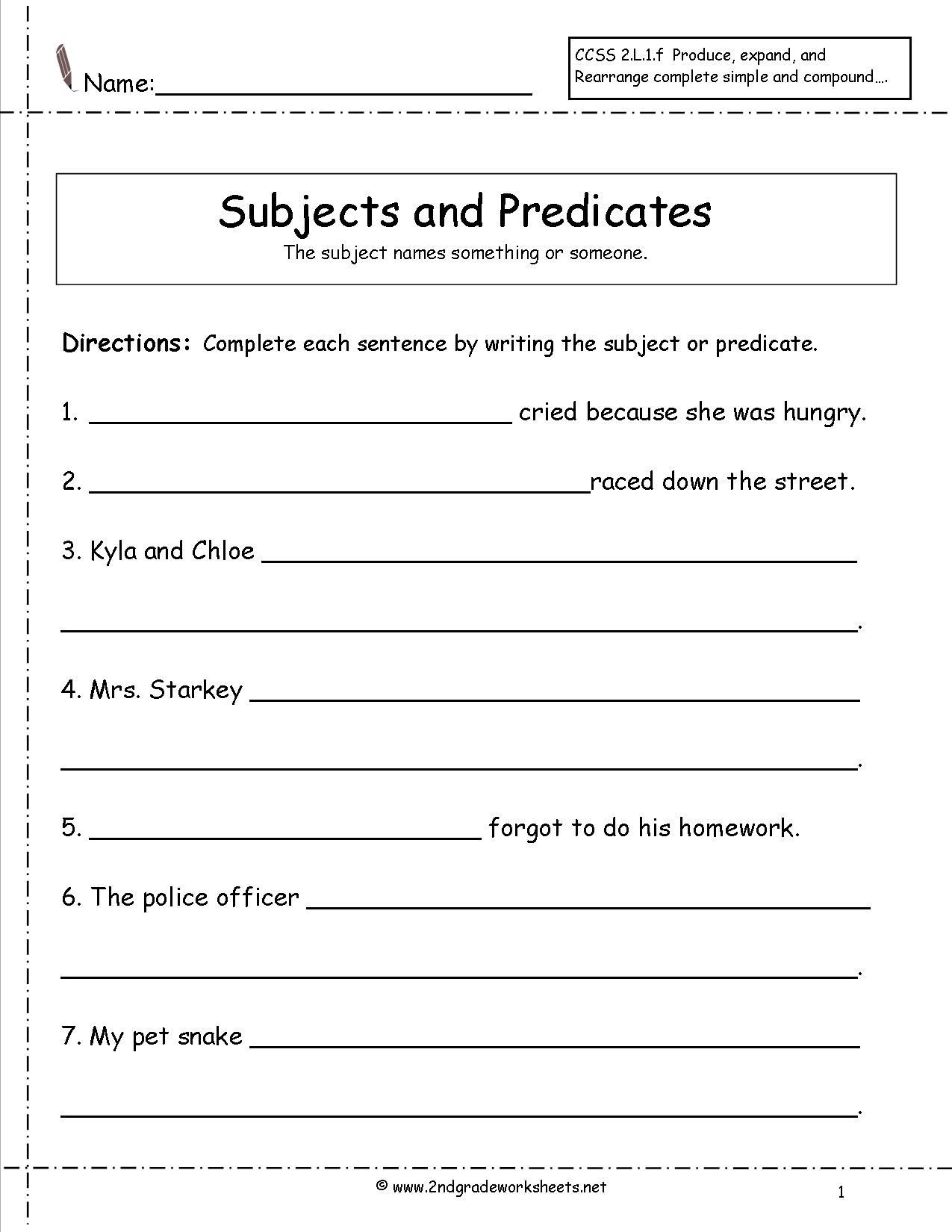 Subjects and Predicates Worksheet Subject and Predicate Worksheet
