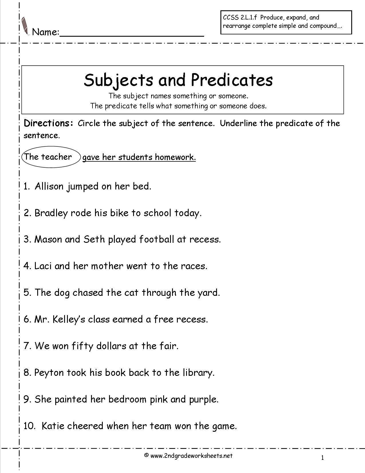 Subjects and Predicates Worksheet Subject Predicate Worksheets 2nd Grade Google Search