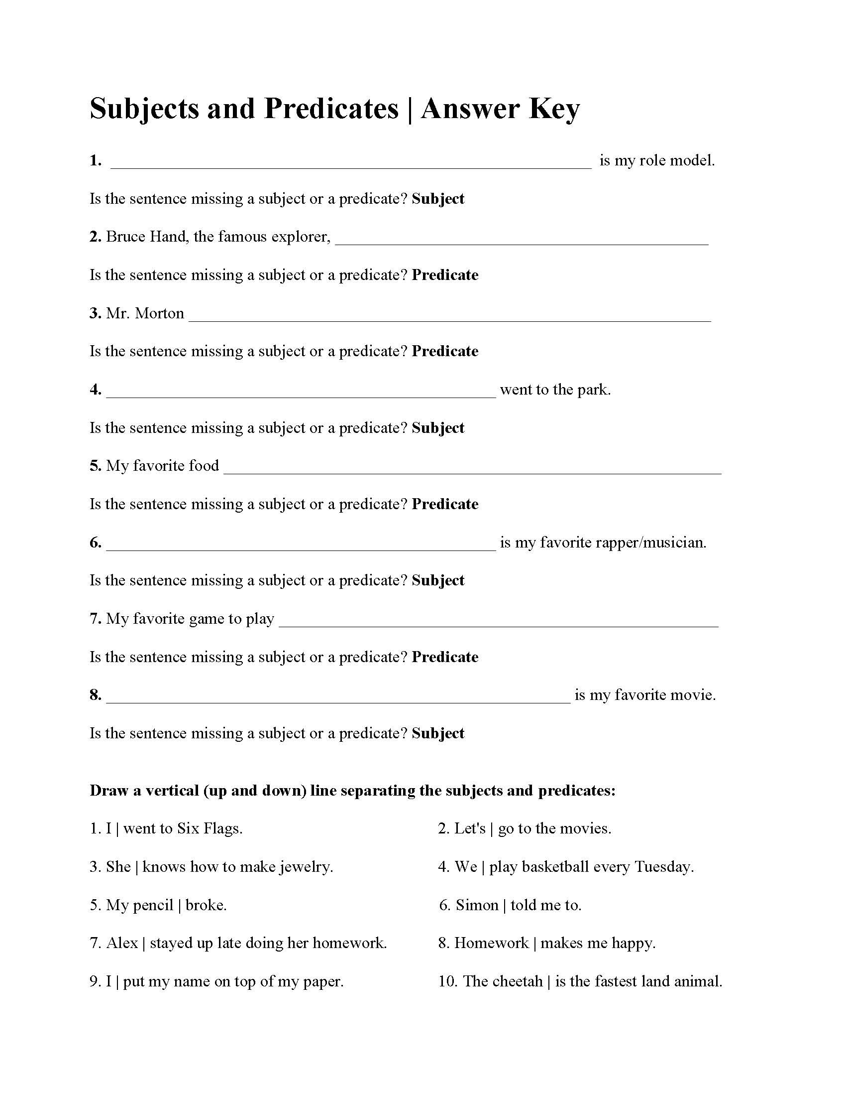 Subjects and Predicates Worksheet Subjects and Predicates Worksheet