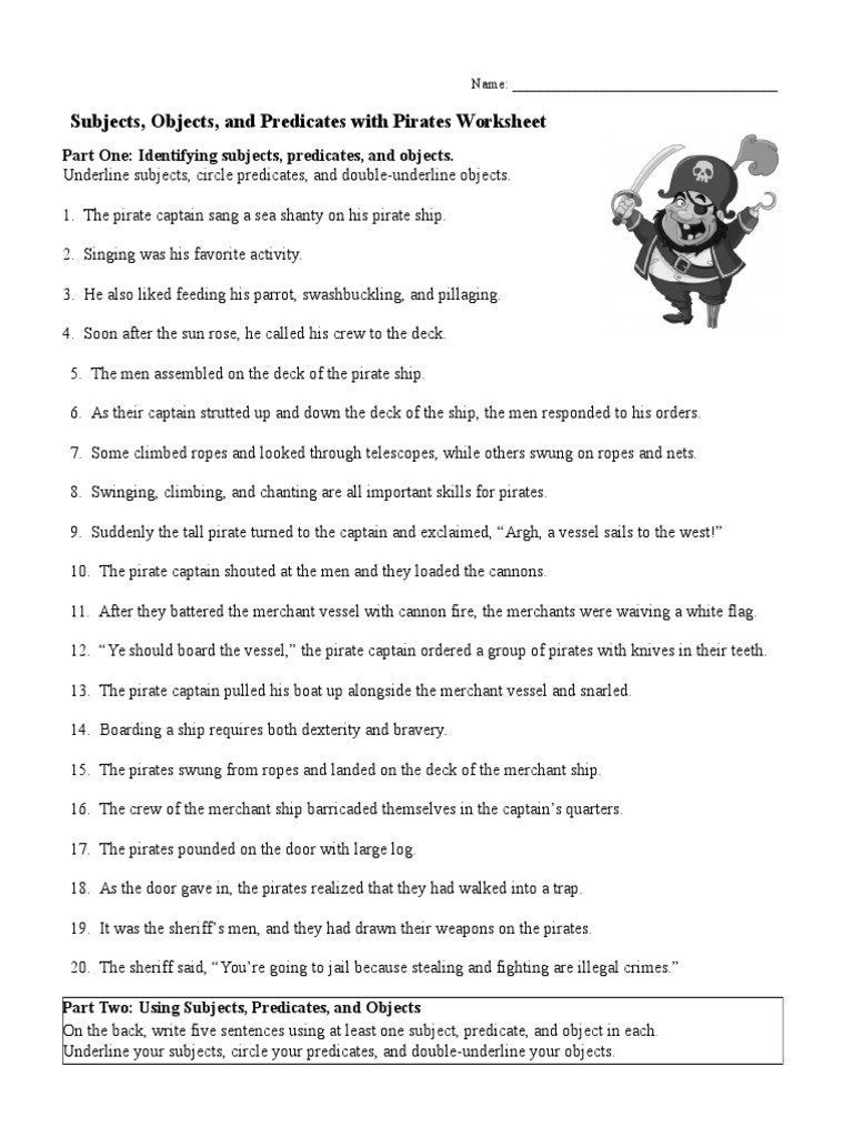Subjects and Predicates Worksheet Subjects Objects and Predicates with Pirates Worksheet Rtf