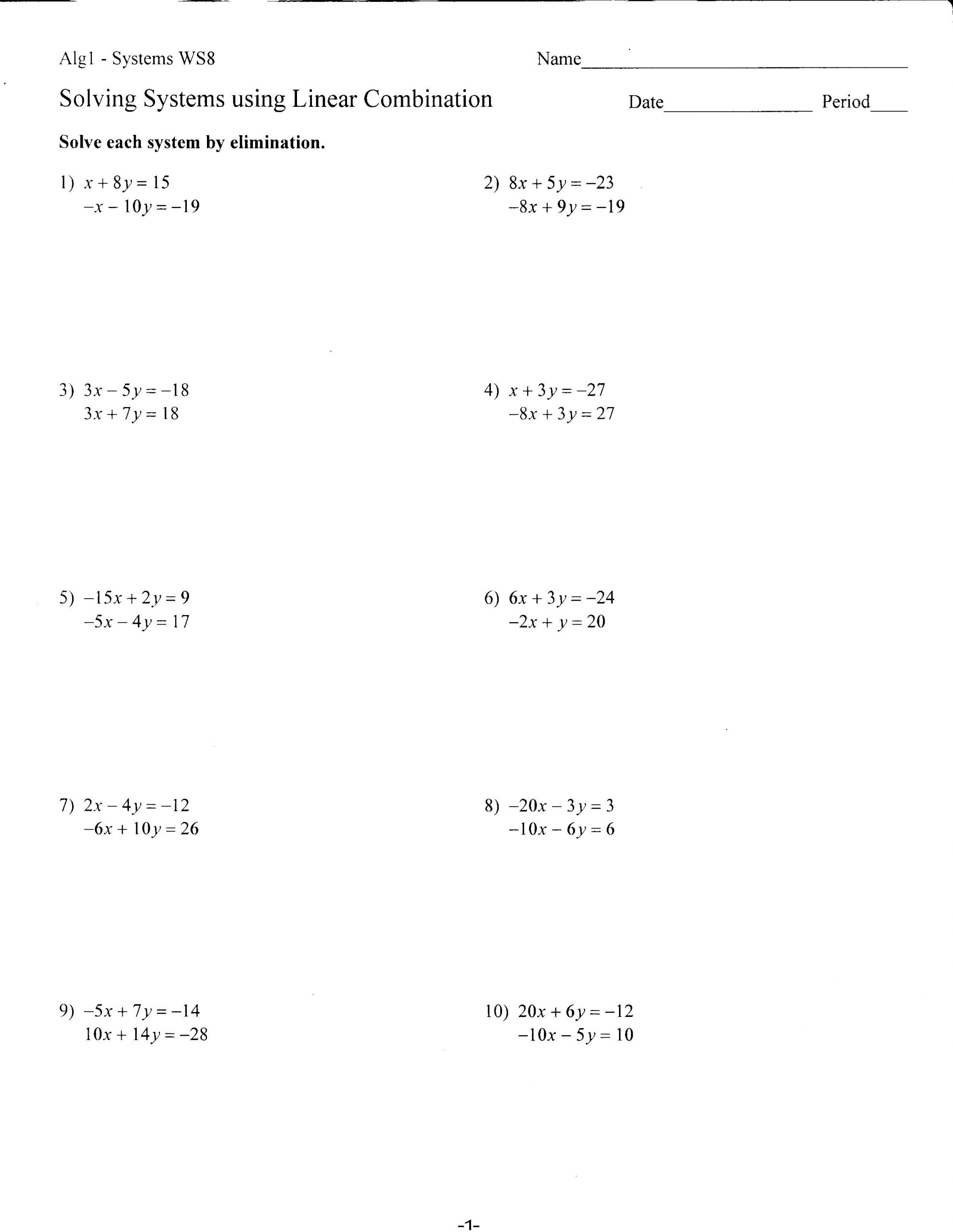 Substitution Method Worksheet Answers Systems Equations Substitution Worksheet