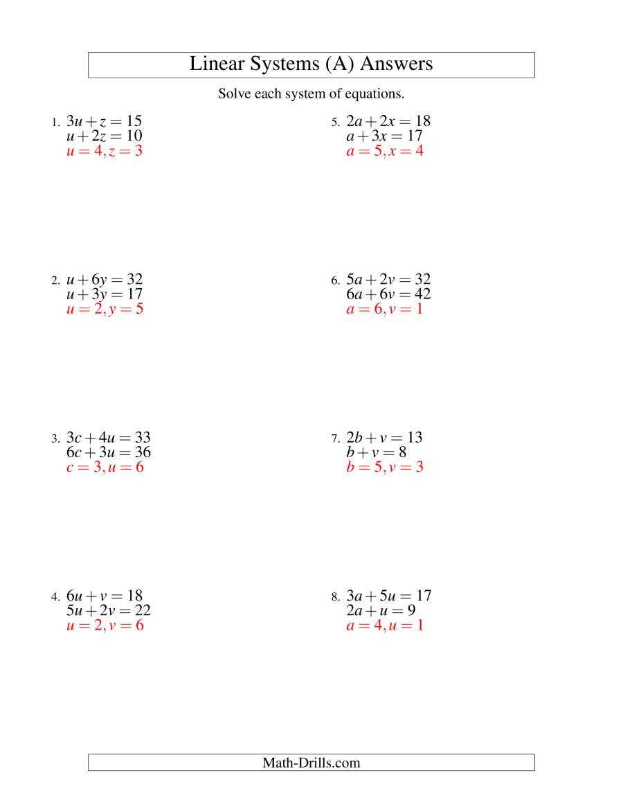 Substitution Method Worksheet Answers Systems Of Linear Equations Two Variables A