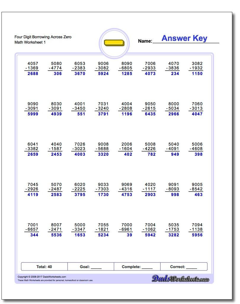 Subtracting Across Zero Worksheet Four Digit Borrowing Across Zero Subtraction Worksheet Four