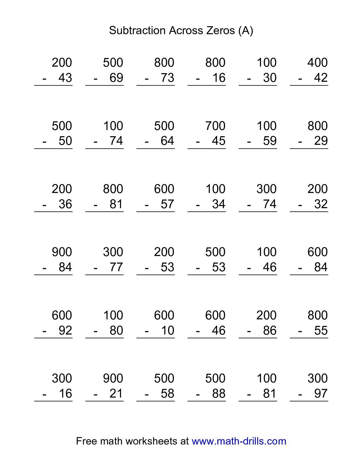 Subtracting Across Zero Worksheet the Subtraction Across Zeros 36 Questions A Math