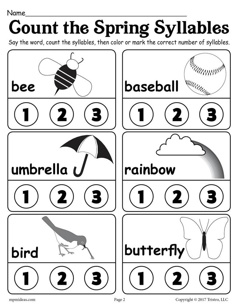 Syllables Worksheet for Kindergarten &quot;spring Count and Color the Syllables&quot; 2 Printable Versions