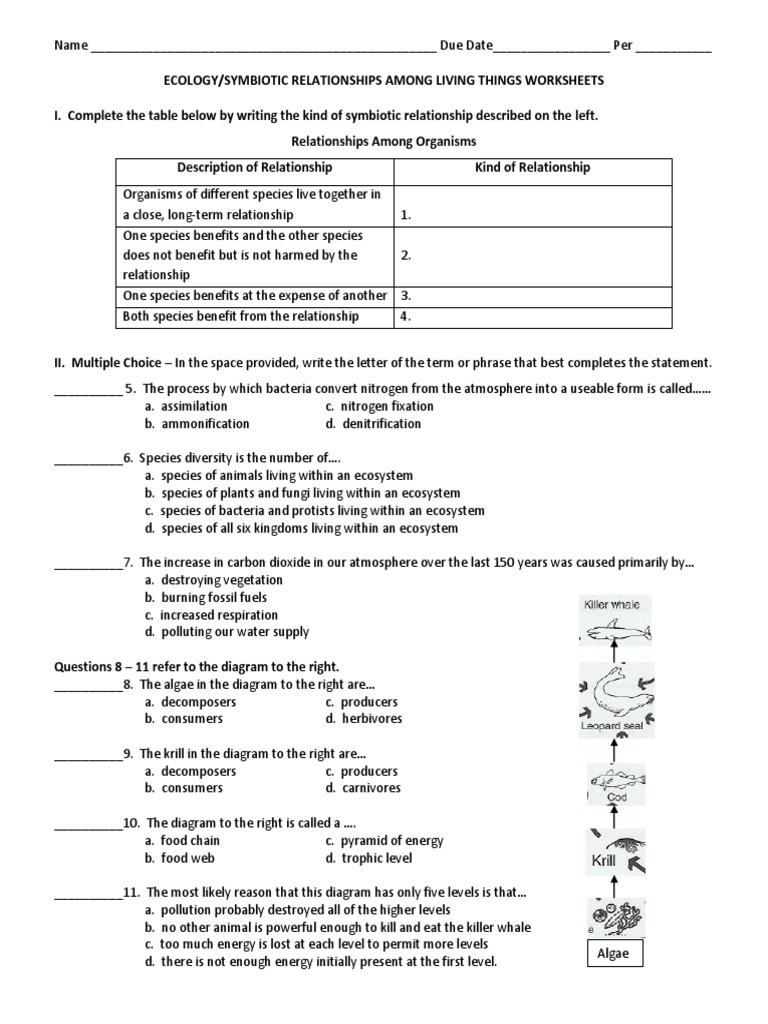 Symbiotic Relationships Worksheet Answers Ecology and Symbiotic Relationships Among Living Things Ws