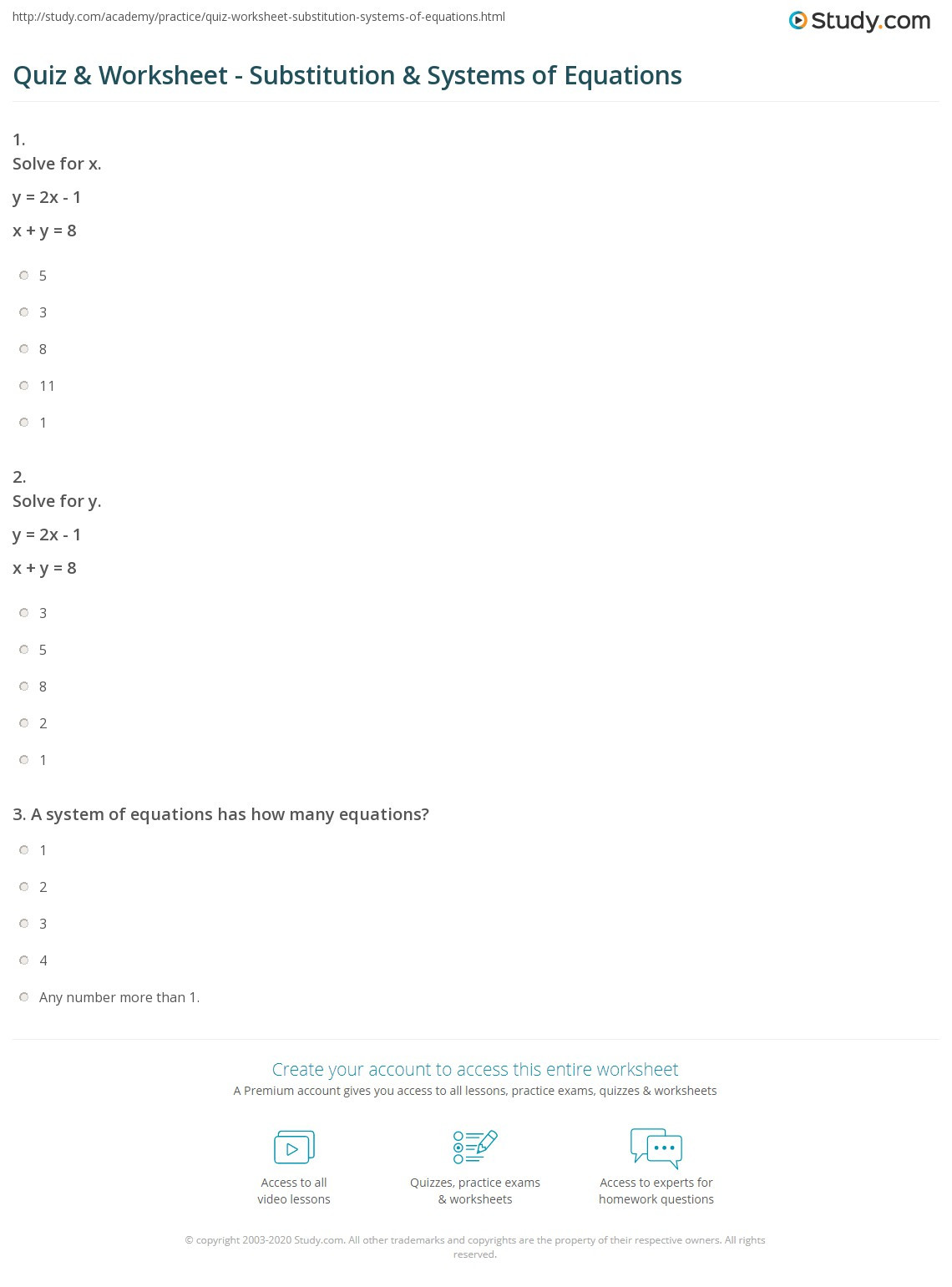 Systems Of Equations Review Worksheet Quiz &amp; Worksheet Substitution &amp; Systems Of Equations