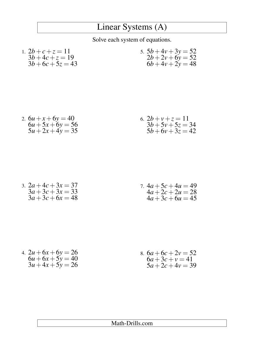 Systems Of Equations Worksheet Pdf Systems Of Linear Equations Three Variables A