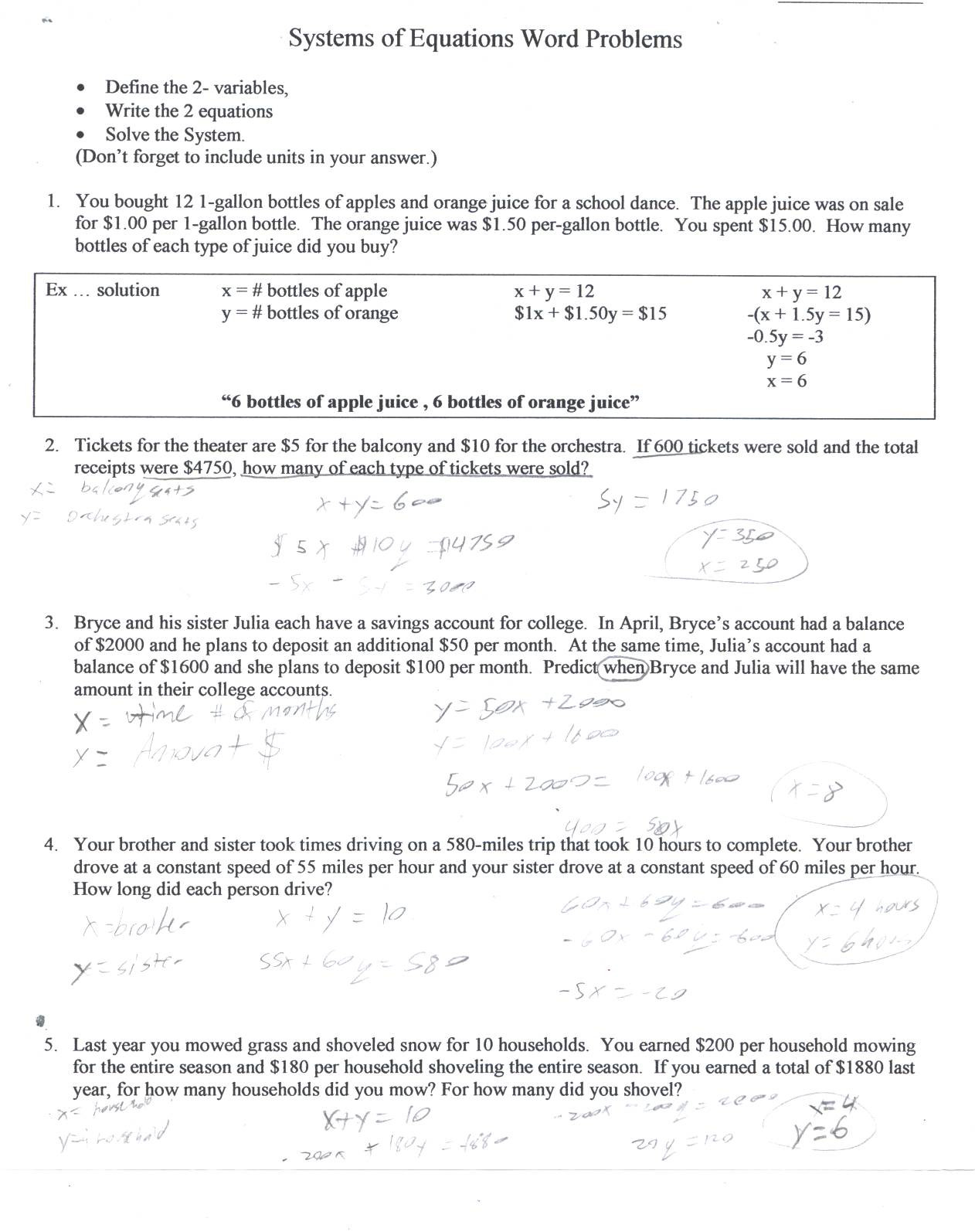 Systems Word Problems Worksheet Linear Equations Word Problems Worksheet Algebra 1
