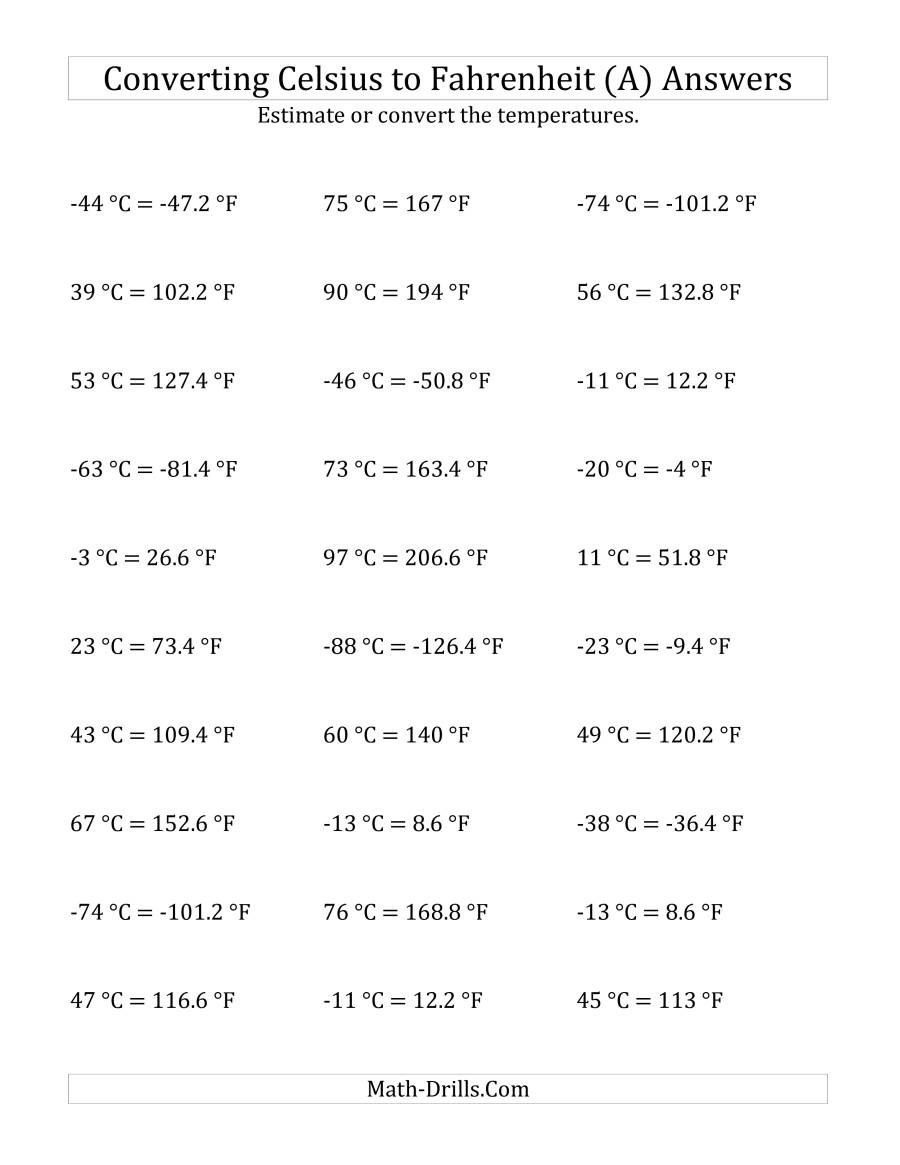 Temperature Conversion Worksheet Answer Key Converting Celsius to Fahrenheit with Negative Values A