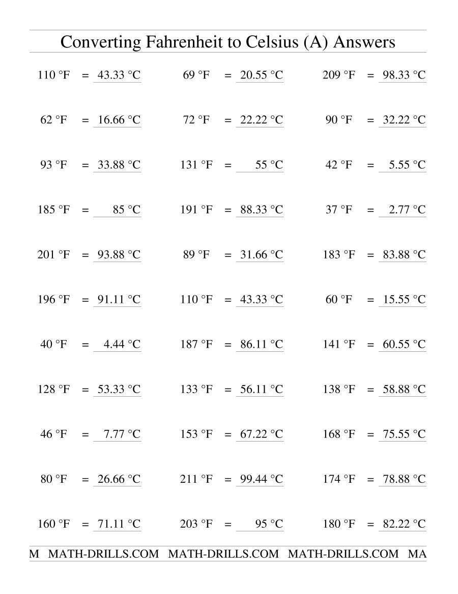 Temperature Conversion Worksheet Answer Key Converting From Fahrenheit to Celsius A
