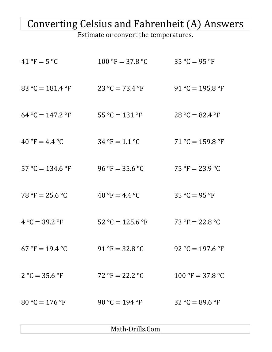 Temperature Conversion Worksheet Answers Converting Between Fahrenheit and Celsius with No Negative
