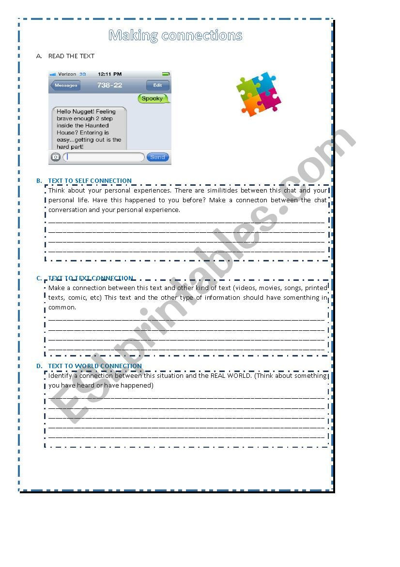 Text to Self Connections Worksheet Making Connections Esl Worksheet by Dayanna