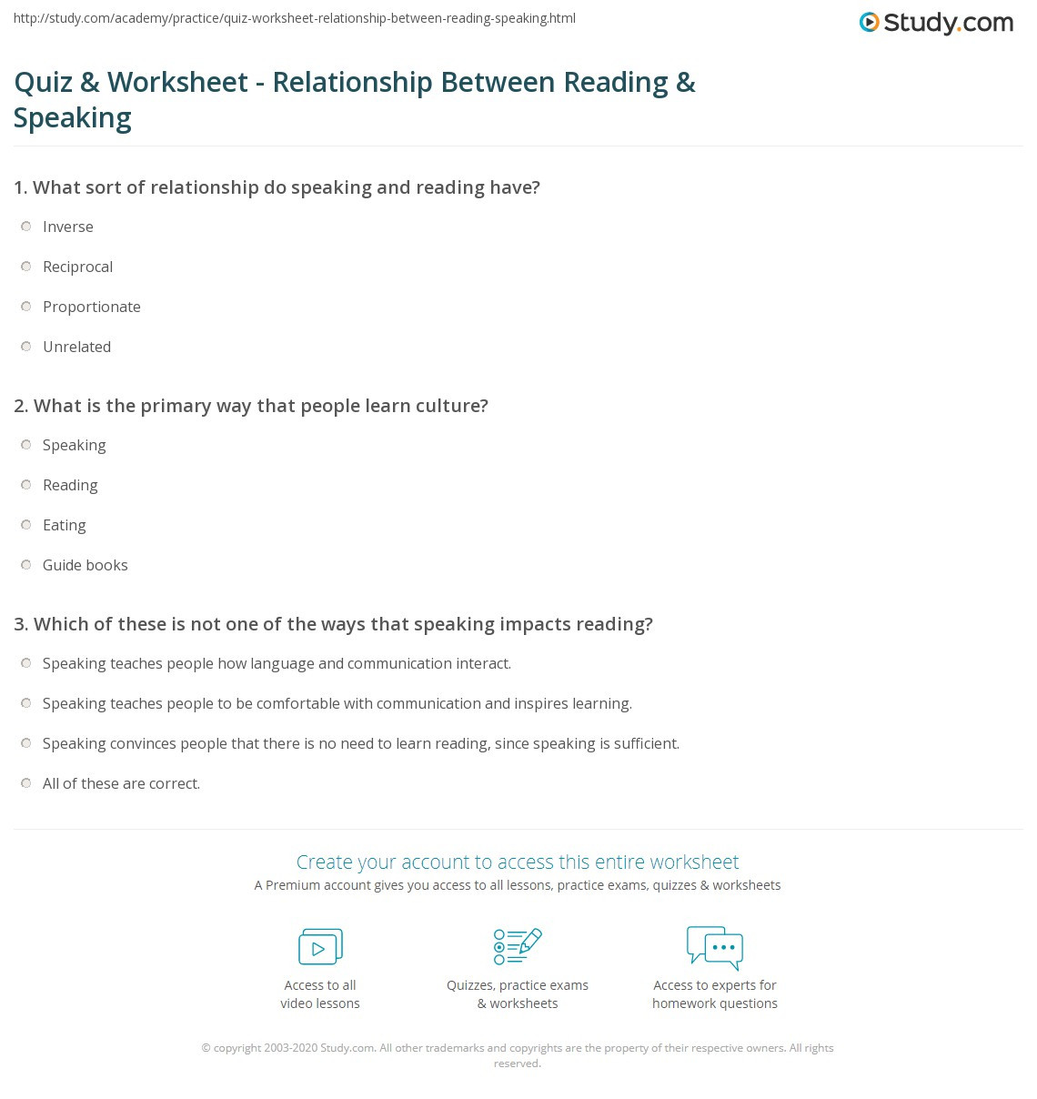 Text to Text Connections Worksheet Quiz &amp; Worksheet Relationship Between Reading &amp; Speaking