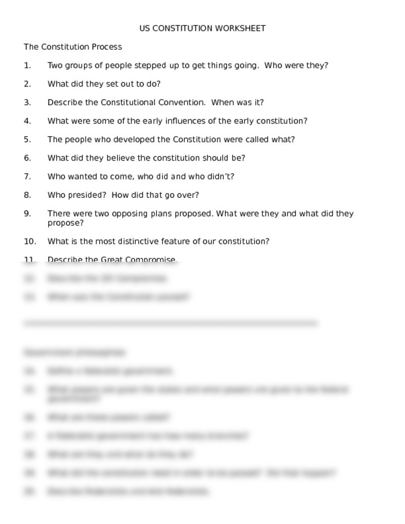 The Constitution Worksheet Answers Constitution Worksheet