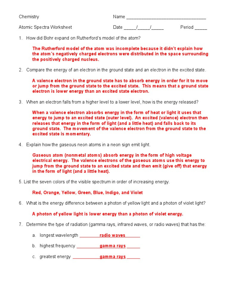 The Electromagnetic Spectrum Worksheet Answers atomic Spectra Worksheet Answer Key 05 06c