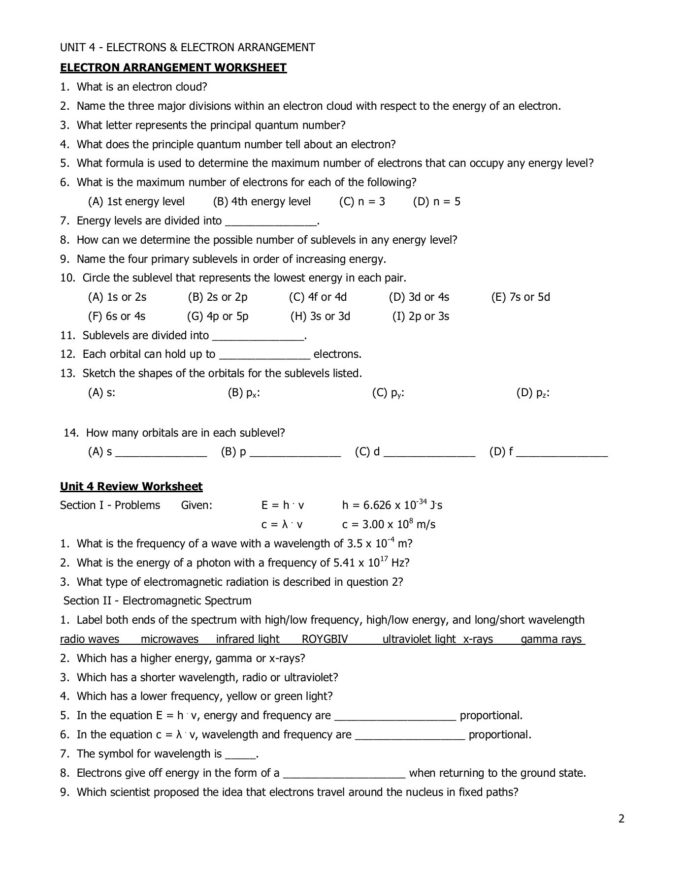 The Electromagnetic Spectrum Worksheet Answers Em Spectrum Wavelength Frequency and Energy Worksheet