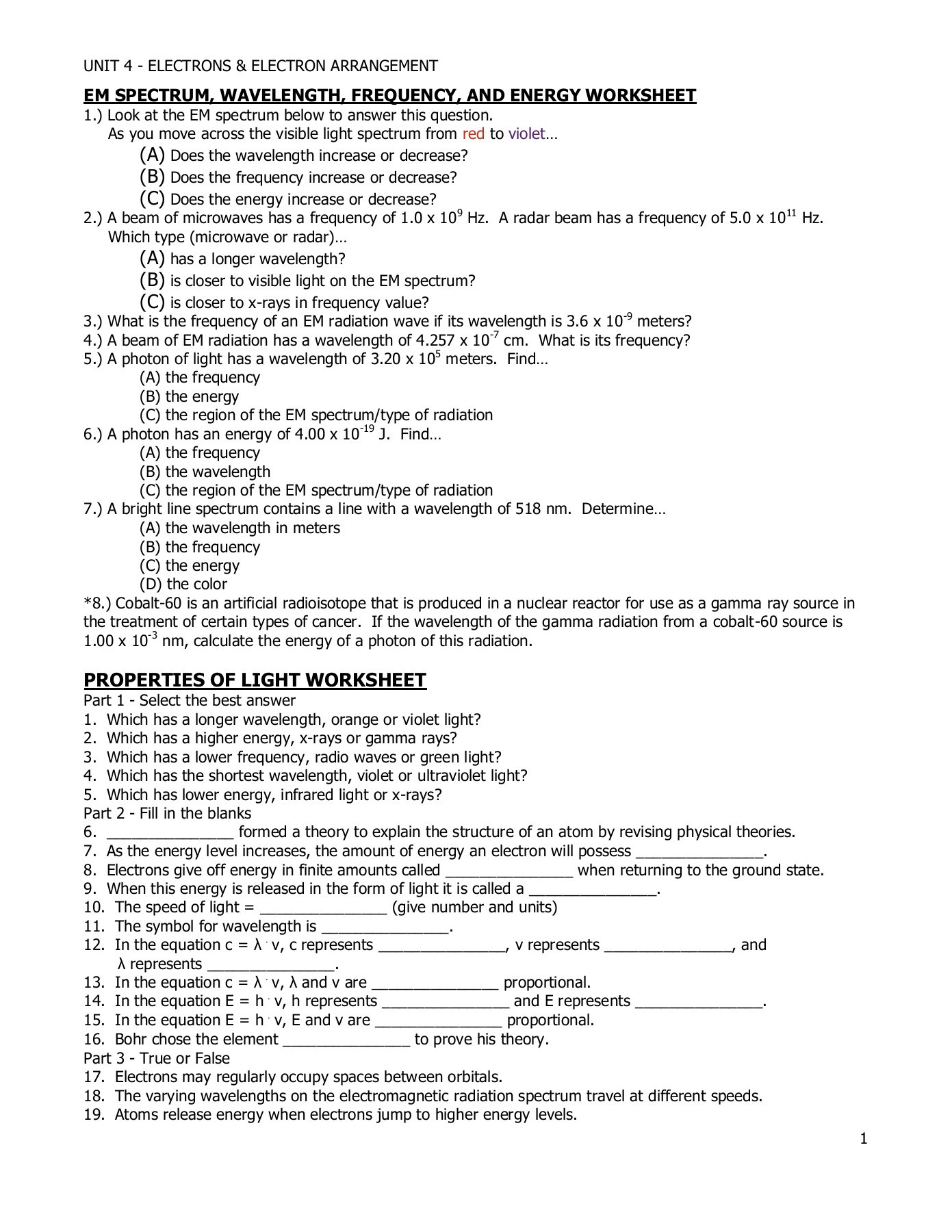 The Electromagnetic Spectrum Worksheet Answers Em Spectrum Wavelength Frequency and Energy Worksheet