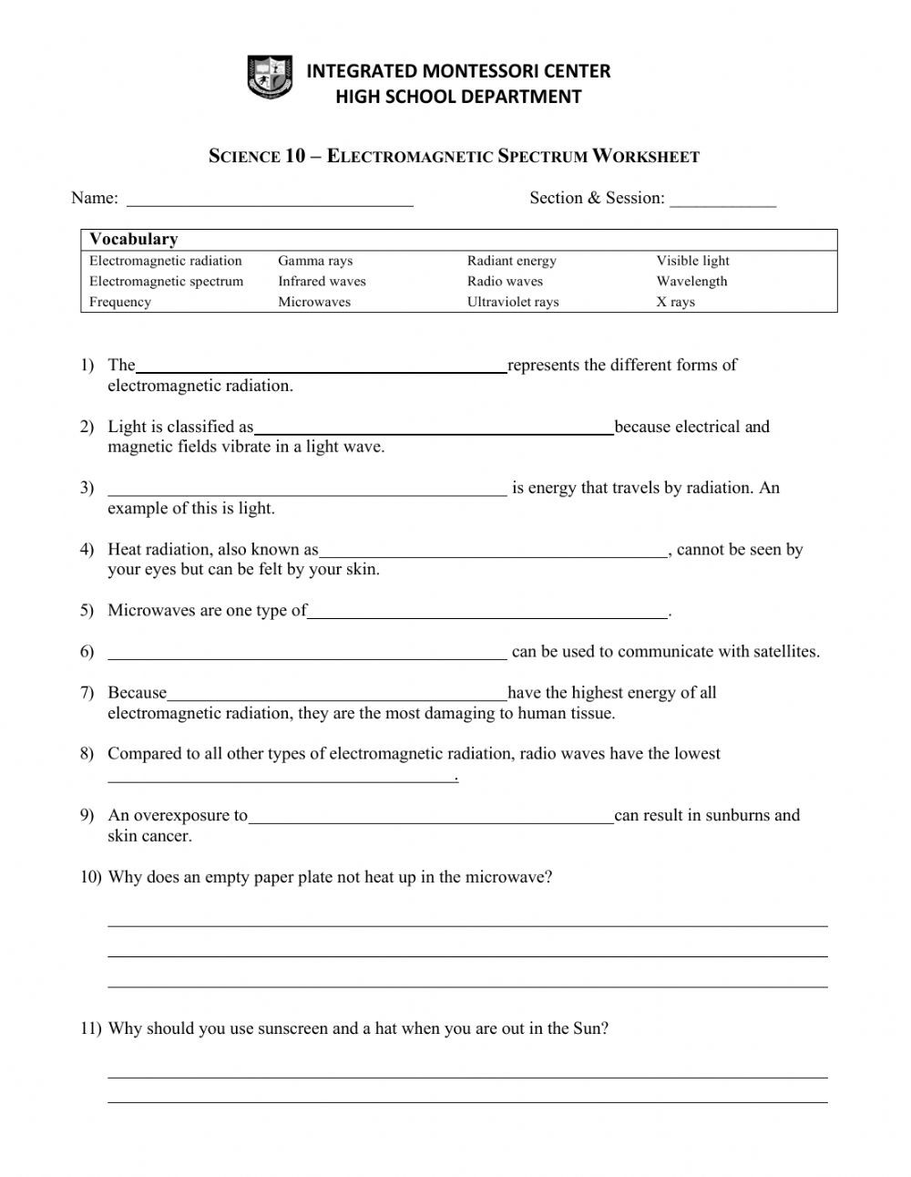 The Electromagnetic Spectrum Worksheet Answers Em Spectrum Worksheet Interactive Worksheet
