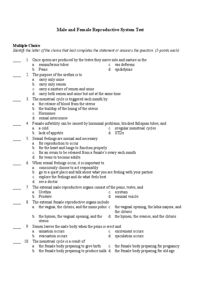 The Female Reproductive System Worksheet Male and Female Reproductive System Test