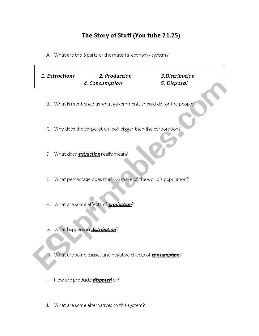 The Story Of Stuff Worksheet English Worksheets the Story Of Stuff