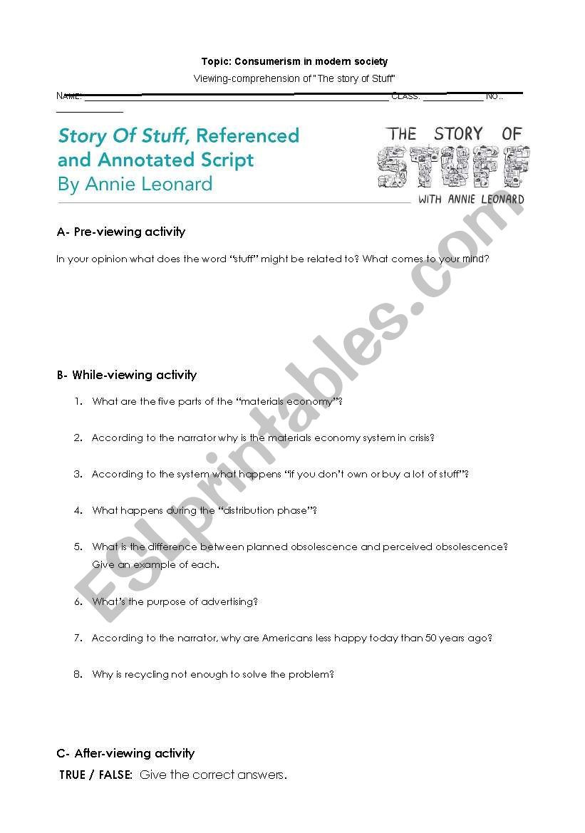 The Story Of Stuff Worksheet Viewing Prehension &quot;story Of Stuff&quot; Esl Worksheet by