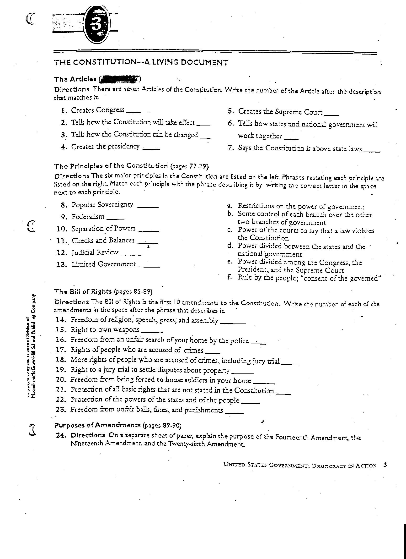 The Us Constitution Worksheet Answers Constitution Worksheet