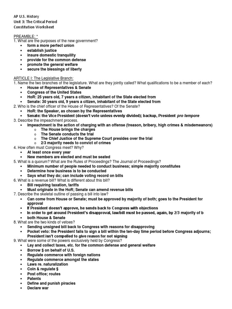 The Us Constitution Worksheet Constitution Worksheet Answers