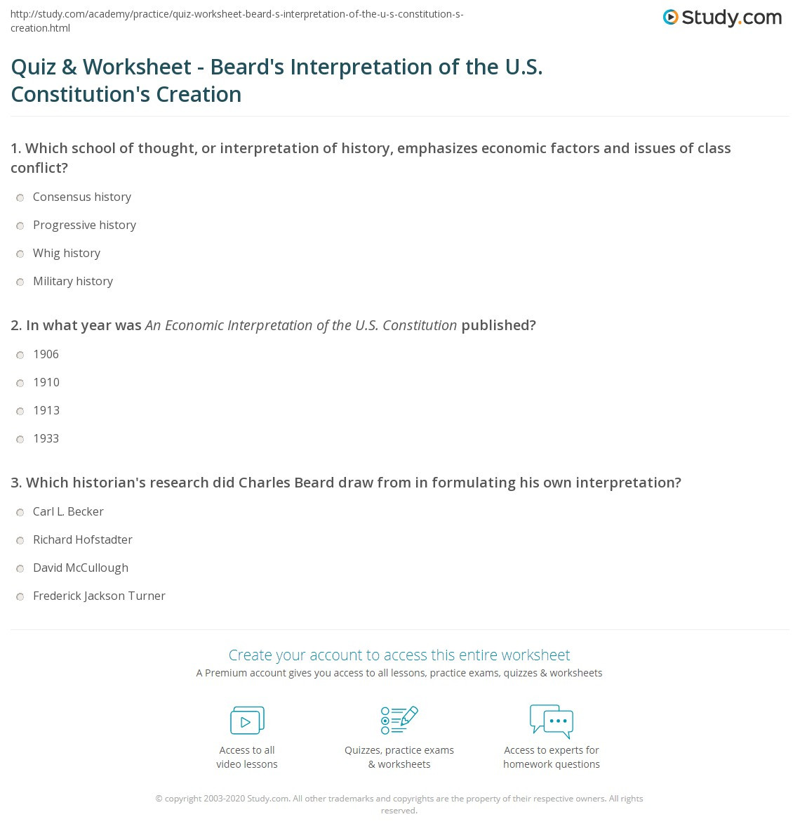 The Us Constitution Worksheet Quiz &amp; Worksheet Beard S Interpretation Of the U S