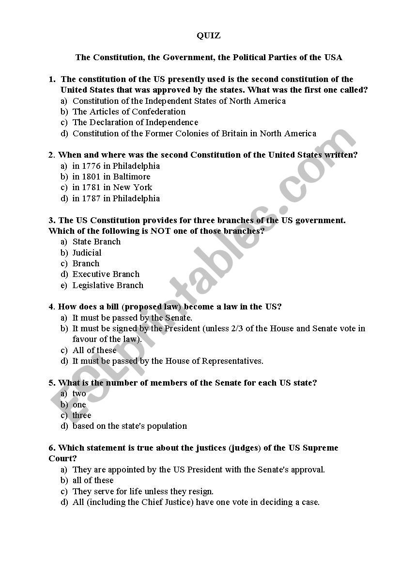 The Us Constitution Worksheet Quiz the Constitution the Government the Political Parties