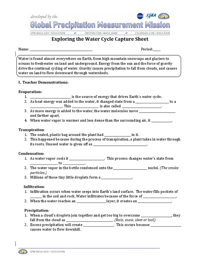 The Water Cycle Worksheet Answers Exploring the Water Cycle Scs Evaporation