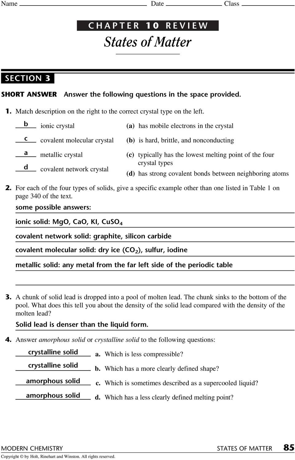 Three States Of Matter Worksheet States Of Matter Chapter 10 Review Section 1 Name Date