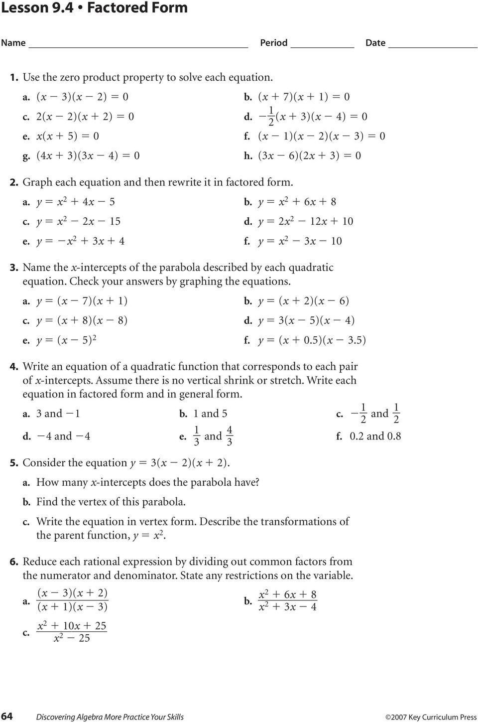 Transformations Of Quadratic Functions Worksheet 7 solving Quadratic Equations by Factoring Worksheet Answers