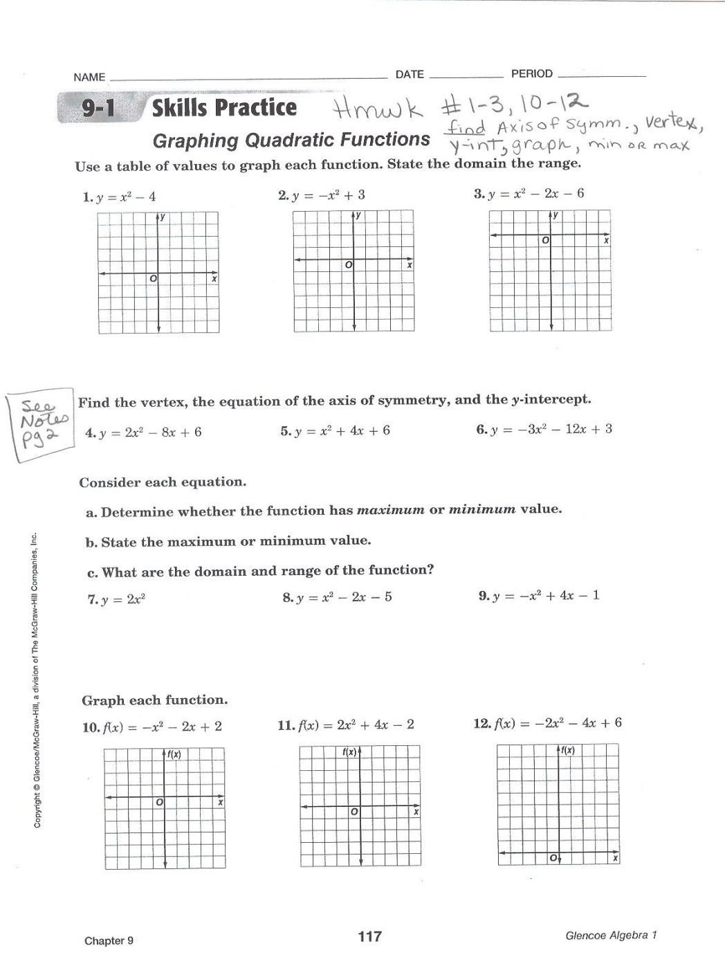 Transformations Of Quadratic Functions Worksheet Graph Quadratic Functions Worksheet Answers