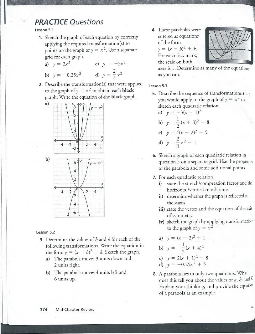 Transformations Of Quadratic Functions Worksheet Homework for Mr Santowski Classes