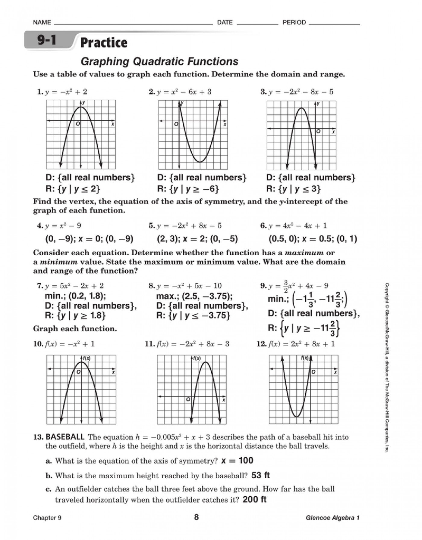 Transformations Of Quadratic Functions Worksheet Worksheet Graphing Quadratic Functions A 3 2 Answers