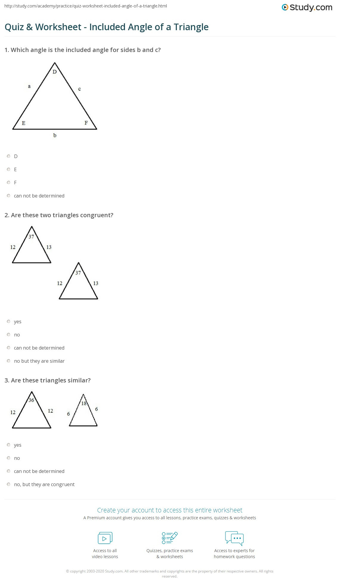 Triangle Congruence Practice Worksheet Quiz &amp; Worksheet Included Angle Of A Triangle