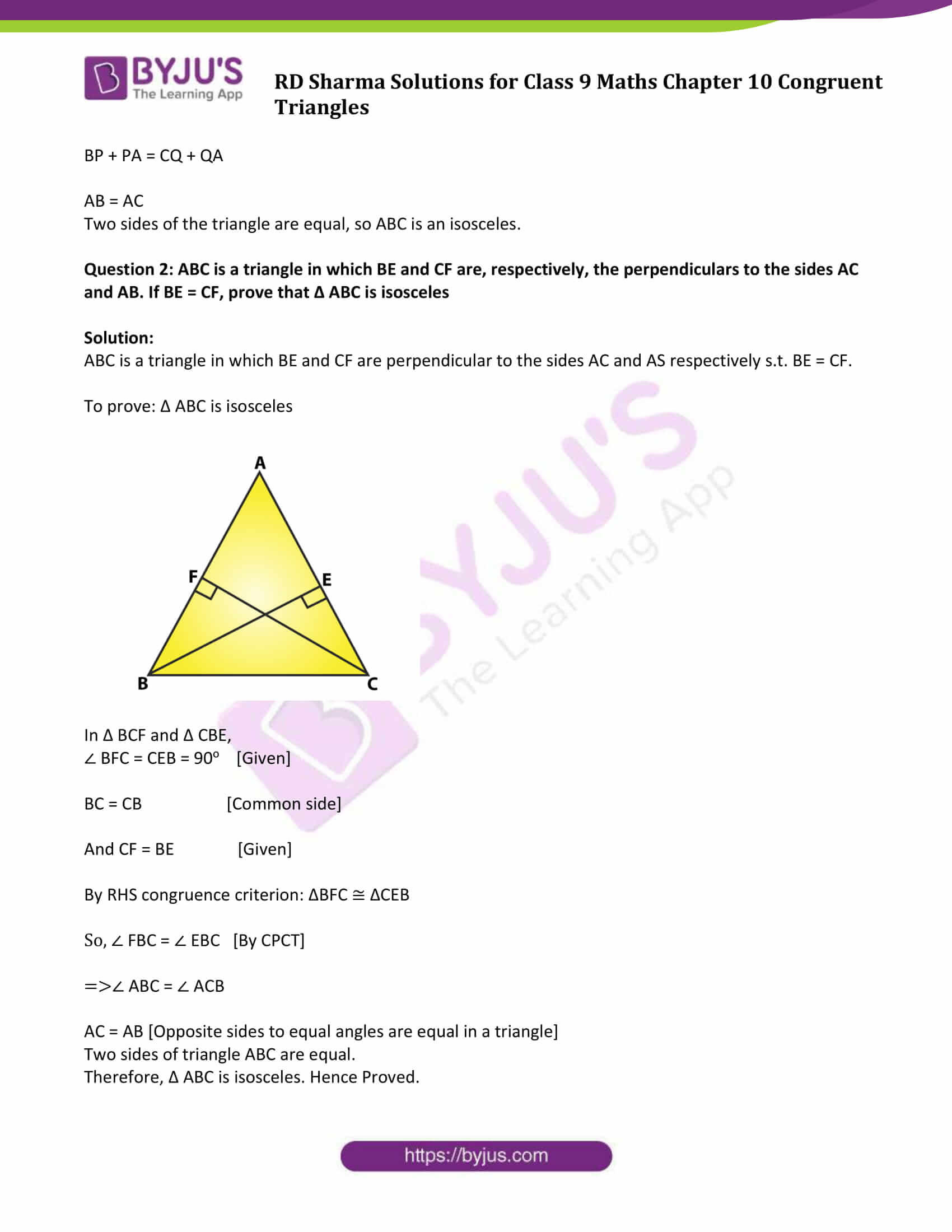 Triangle Congruence Practice Worksheet Rd Sharma solutions Class 9 Chapter 10 Congruent Triangles