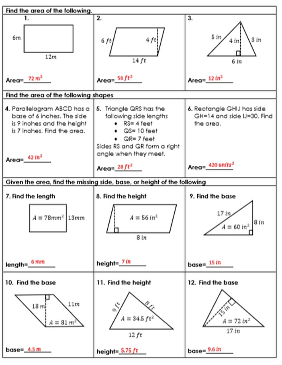 Triangle Inequality theorem Worksheet area and Perimeter Of Parallelograms and Triangles