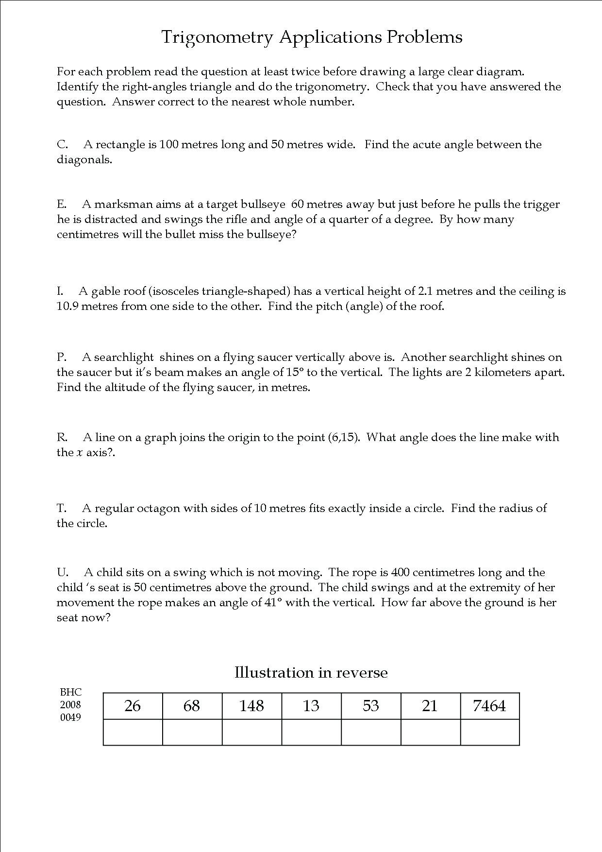 Trig Word Problems Worksheet Trigonometric Problems Worksheet Math Triangle Word Problems