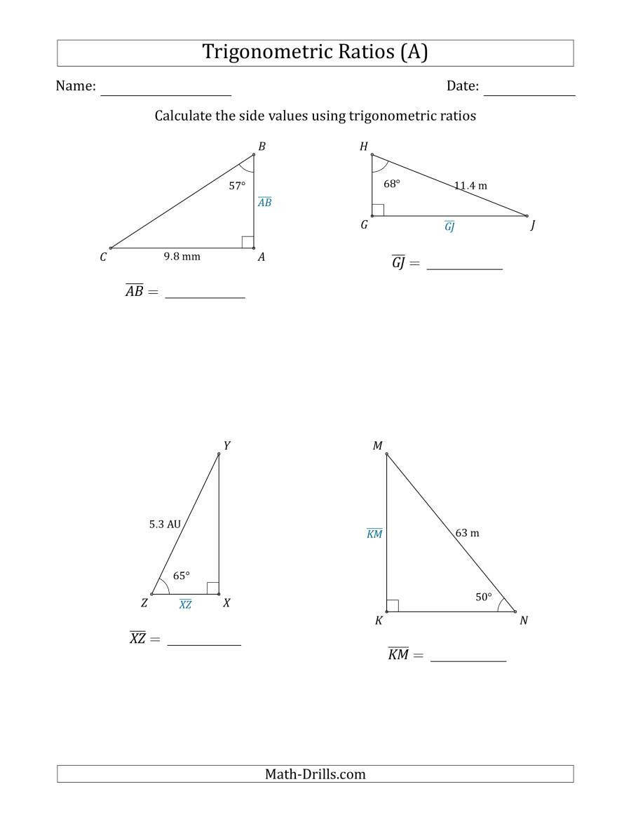 Trigonometric Ratios Worksheet Answers Calculating Side Values Using Trigonometric Ratios A