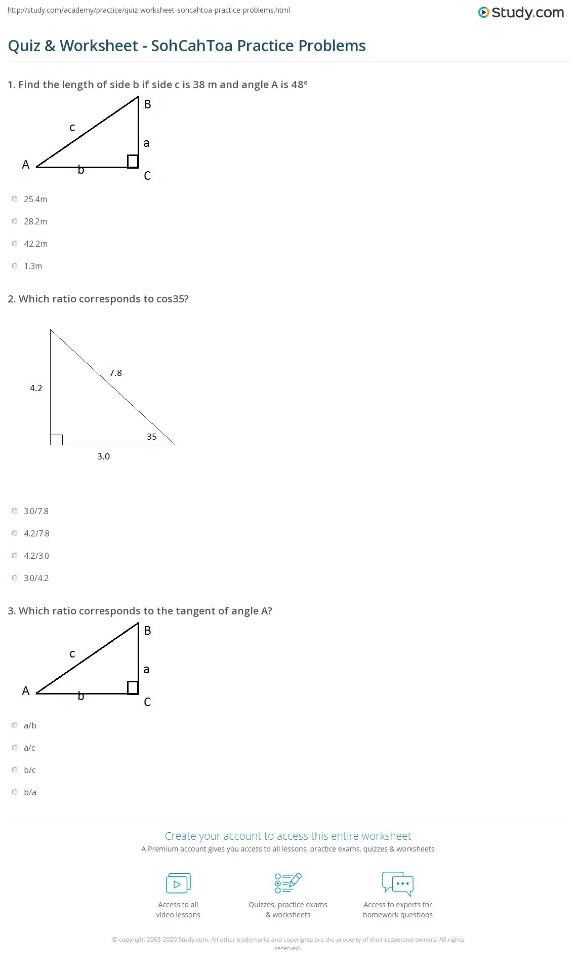 Trigonometric Ratios Worksheet Answers Quiz &amp; Worksheet sohcahtoa Practice Problems