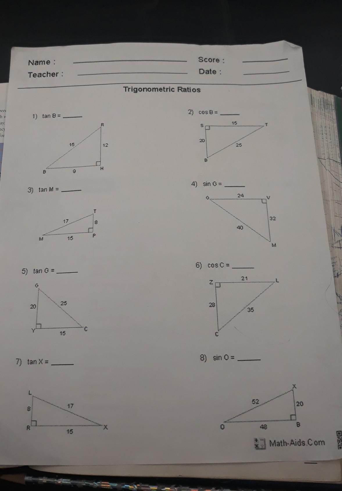 Trigonometric Ratios Worksheet Answers Trigonometric Ratios Worksheet From Math Aids Brainly
