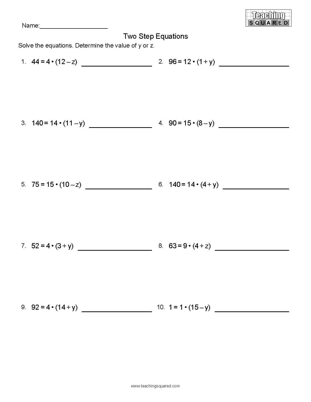 Two Step Equation Worksheet Equations Parenthesis R1 Teaching Squared