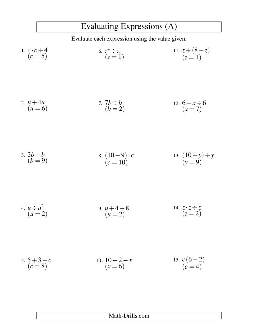 Two Step Equation Worksheet Evaluating Two Step Algebraic Expressions with E Variable A
