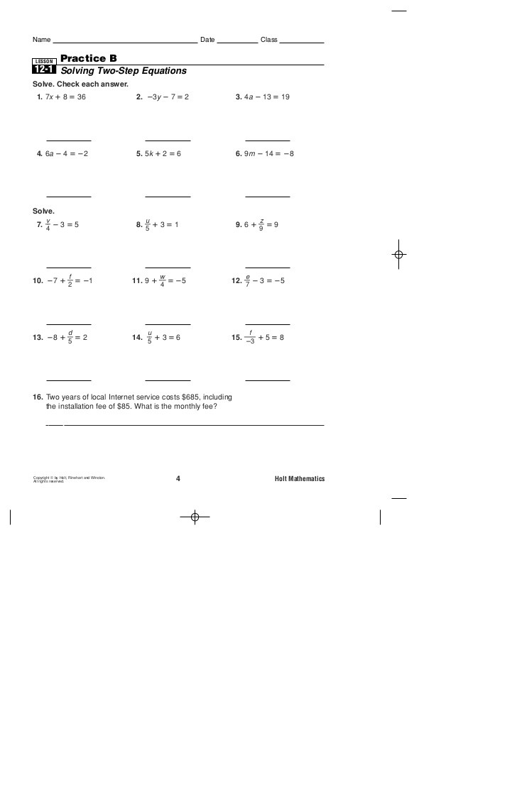 Two Step Equation Worksheet Practice B 2 Step Equations
