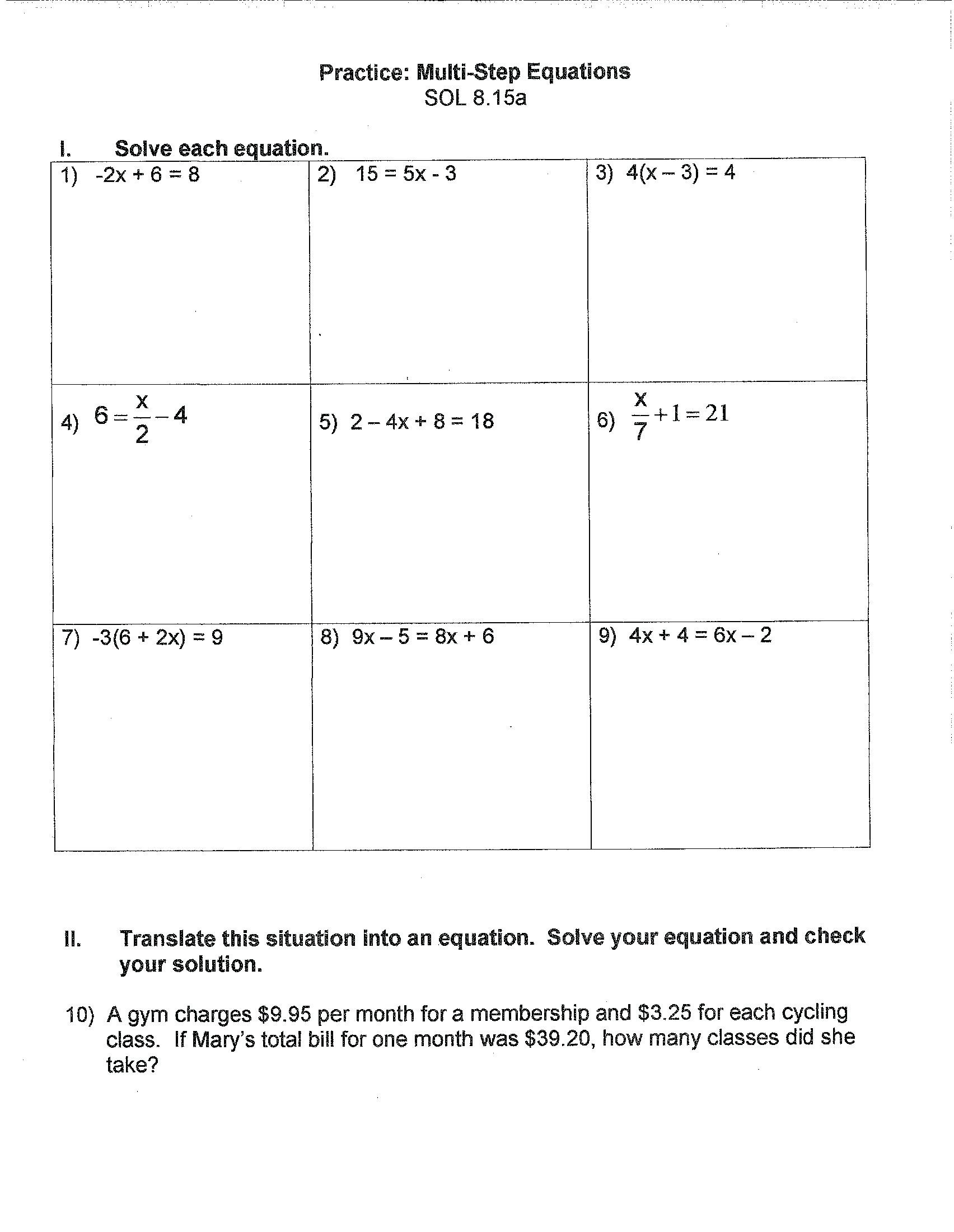 Two Step Equation Worksheet solving Multi Step Equations Word Problems Worksheet